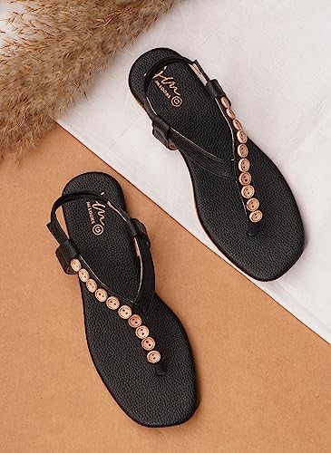 Image of JM LOOKS Fashion Black Stylish Flat sandal Casual Flat Fancy Solid Comfortable Sole For Womens & Girls