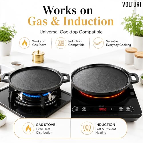 Image of VOLTURI Cast Iron Tawa for Roti and Dosa (30 CM), Dosa Tawa Naturally Non Stick Dosa Pan, Pre-Seasoned Tawa, Induction Friendly, Cast Iron, Cookware, No Chemical Coating 100% Pure & Toxin-Free