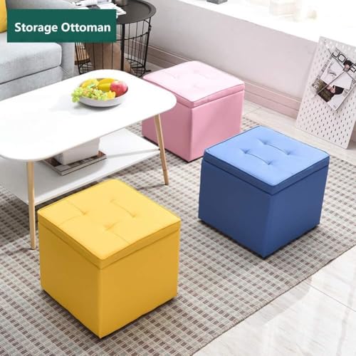 Chair,Cube Storage Pouf, Leather Footstool Seat Coffee Table Solid Wood Shoes Stool Footrest/Black/40 * 40 * 40Cm(16 * 16 * 16Inch)(Yellow) - Image 4