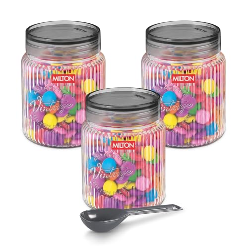 Image of MILTON Olive 750 Airtight Food Grade Modular Plastic Container | BPA Free, Stackable & Transparent | Wide Mouth with See-Through Lid | Ideal for Cereals, Pulses, Spices, Set of 3, 750 ml each, Grey