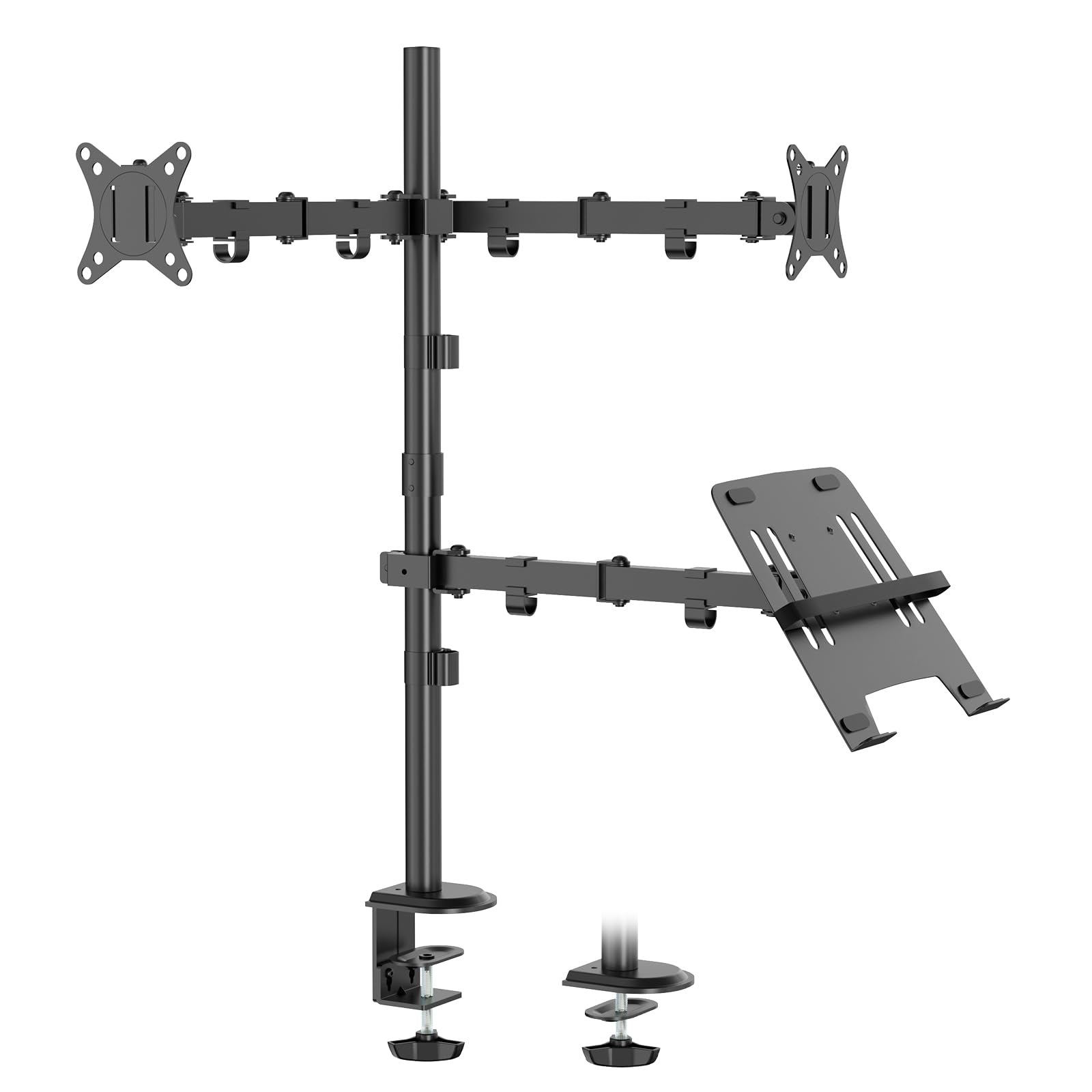 WORLDLIFT Dual Monitor Halterung mit Laptop Ständer für Two 17-32 Zoll LCD LED Bildschirm and 10-15 Zoll Laptop,Extra hoher Verstellbarer Ständer,Max 9kg pro Arm,Vesa 75x75/100x100mm,Schwarz