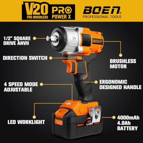 boen Cordless Impact Wrench 1/2 inch, 600FT-LBS(800N.m), Brushless Electric Impact Wrench, 2200RPM High Torque Impact Gun for Car Home, Includes 4.0Ah Battery×1, Charger, IW-75 — view 3