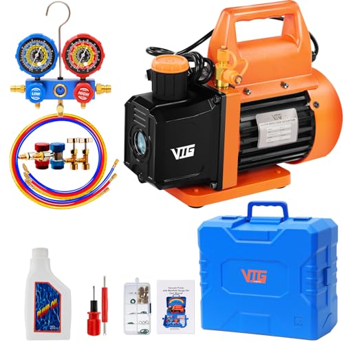 VTG VOGTEN 4.5 CFM AC Vacuum Pump and Gauge Set,for Mini Split/HVAC/Auto Systems,Manifold Gauge Kit Compatible with R22, R32, R134a,R410a,Includes 3 Hoses,2 R134a Can Tap,Upgraded Trifold Storage Case