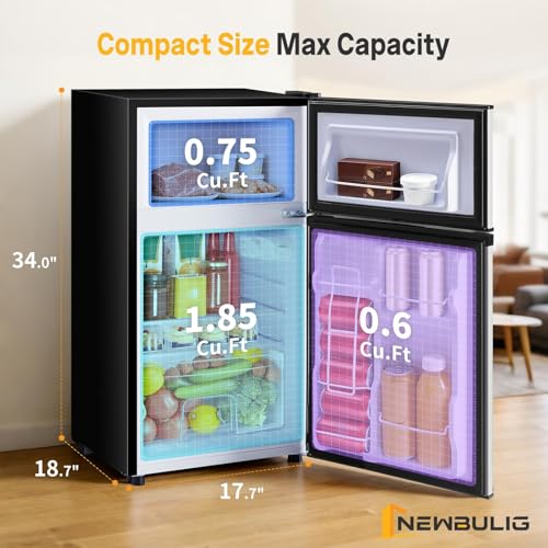 Image of NEWBULIG Mini Fridge with Freezer 3.2 Cu.Ft Small Refrigerator for Office, Dorm, Small Fridge with Adjustable Thermostat, Energy Saving, Dual Door, Sliver