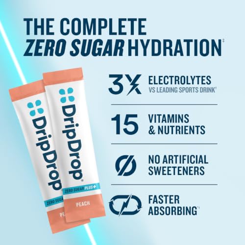 Image of DripDrop Hydration Zero Sugar Electrolyte Packets, Peach, 30 Ct | Sugar Free, Single Serve Powder Drink Mix; 3X Electrolytes, 15 Vitamins & Nutrients; No Artificial Sweeteners, Low Calorie
