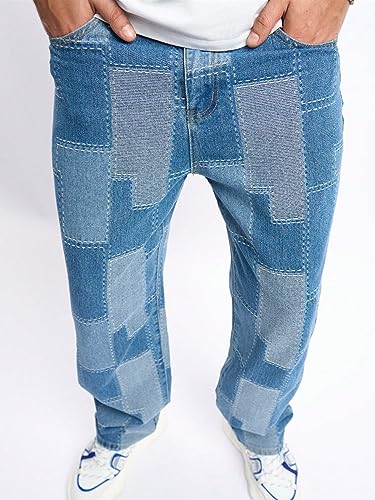 WDIRARA Men's Colorblock High Waist Denim Pants Straight Leg Jeans with Pockets3