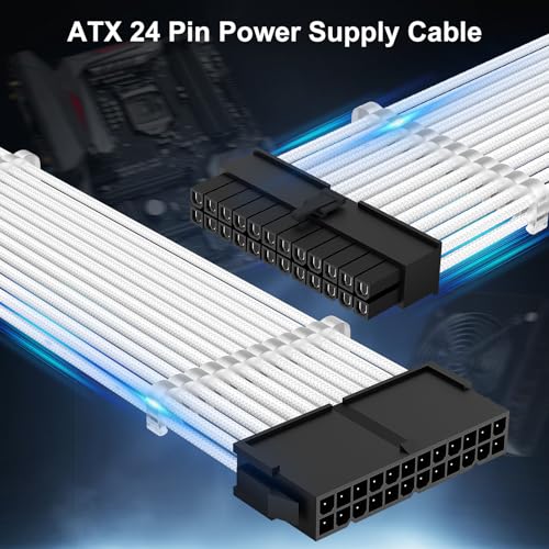 J&D Cable con Manga ATX de 24 Pines para Fuente de Alimentación, 30 cm, Cable de Extensión Trenzado de 24 Pines Macho a Hembra con 3 Peines para Cables para Placa Madre ATX, Blanco - imagen 2