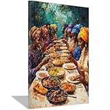 JOSUE Große Afrikanische Feier Leinwandbild - Buntes Gemeinschaftsessen, Afrozentrische Kunst für Esszimmer(B9)-20x30cm Gerahmt