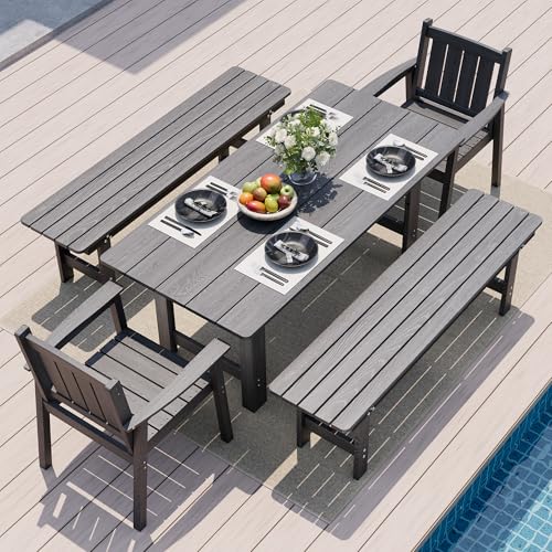 Image of Pamapic Patio Dining Table Set, 5-Piece Outdoor Dining Set for 6, Grey | 1 Rectangular Table, 2 Chairs & 2 Benches, Wood-Grain HDPE, Elegant Armrests, All-Weather Design, Umbrella Hole