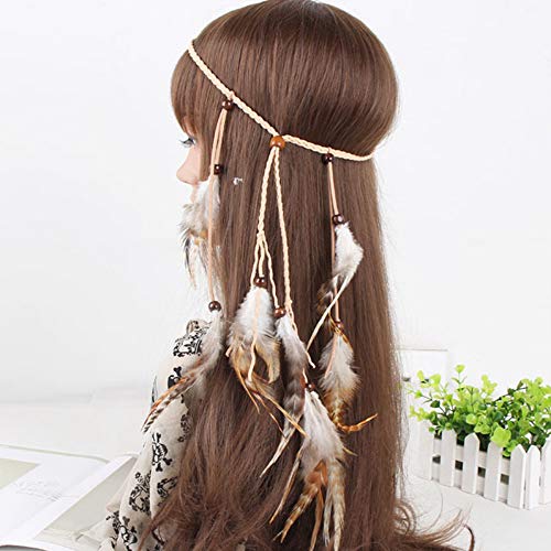 Feather Headband Hippie Indian Boho Hair Bands Tassel Bohemian Halloween Hair Hoop Women Girls Crown Hairband Party Decoration Headdress Cosplay Costume Headwear Headpiece Hair Accessories White