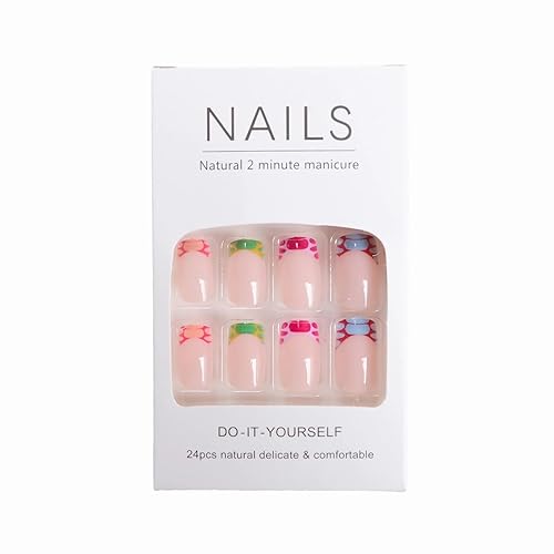 Miniatura 5 de MISUD Uñas postizas cuadradas cortas de verano, uñas acrílicas de punta francesa coloridas, uñas acrílicas brillantes con pegamento en uñas postizas