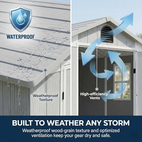 Image of Devoko 4x6 FT Resin Storage Sheds with Floor, Plastic Outdoor Tool Shed with Windows, Waterproof Outside Sheds and Lockable Doors for Backyard Lawn Garden, Light Gray