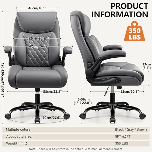 Image of BESTFAIR Office Desk Chair with Lumbar Support for Lower Back Pain | Executive Leather Home Chair Comfy with Padded Flip-up Armrests, Gray, 4-Pack