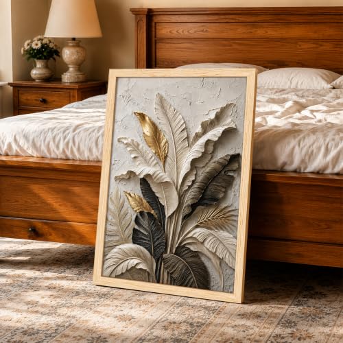 Image of PAINTINGMANTRA Textured Embossed Leaf Floral Framed Wall Art Painting for wall decoration, Neutral & Gold Tropical Leaf Motifs Flower Painting for Living room, bedroom, Office, 13x18 Inch