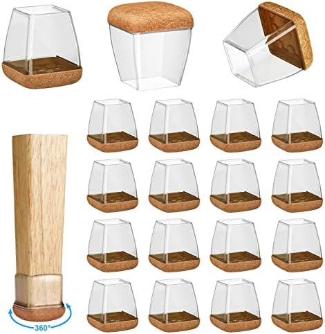 16 Pack Chair Leg Floor Protectors for Hardwood Floors, Round Rubber Furniture Sliders, 360°Felt Pad Bottom Wrapped Thickening Silicone Furniture Legs Caps Covers(Square,Clear-Brown-M)