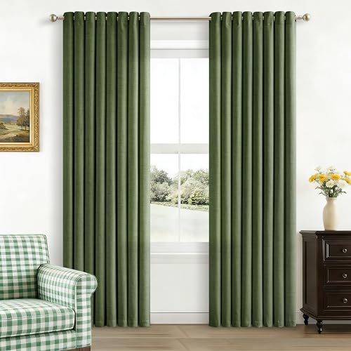 Image of 84 Inch Length 2 Panels Set Moss Green Linen Curtains Semi Sheer