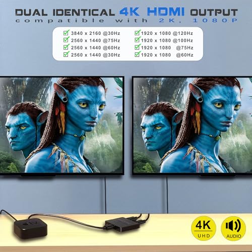 Image of 4K HDMI Splitter 1 in 2 Out Mirror Display Not Expand, Dual HDMI Splitter Hub to Dual Monitors Multi-Scree Displays Audio Synchronization, Compatible for MacBook Laptop Desktop PC Graphics Card TV