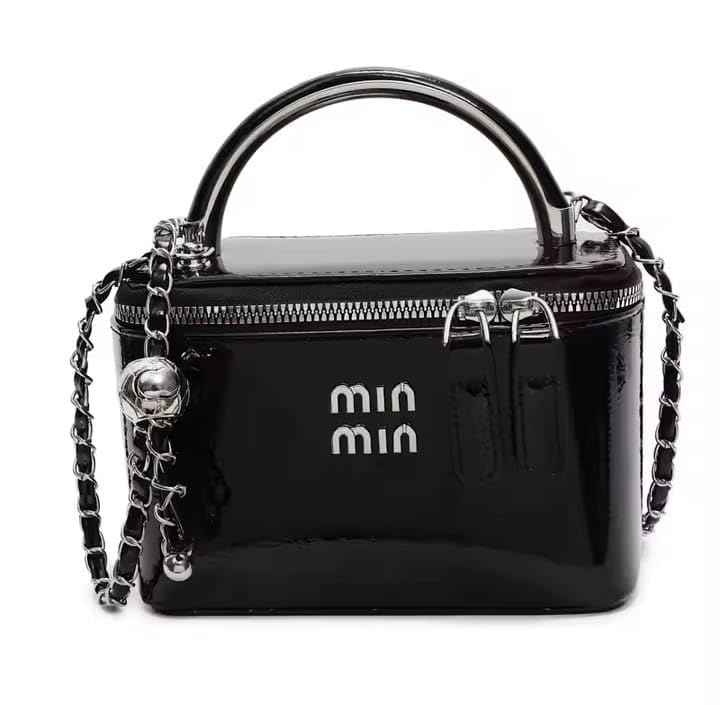 Bolsa de Ombro Pequena Envernizada com Alça de Corrente e Alça de Mão, Detalhes Dourados (Preto)