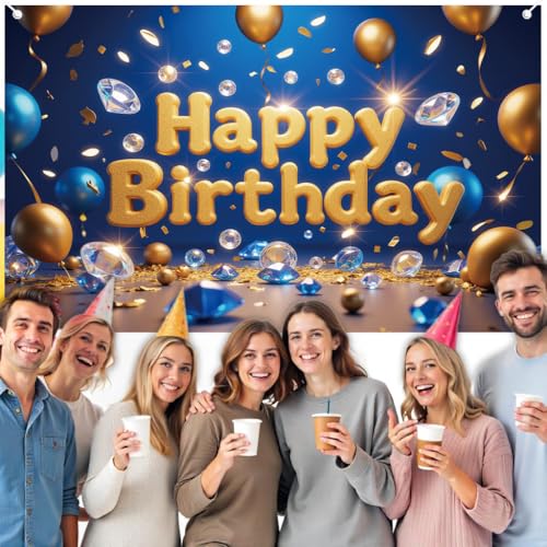 Image of Happy Birthday Backdrop Birthday Party banner | Blue Gold Birthday Banner for Women Boys Girls 71x43.3in Reusable Birthday Background