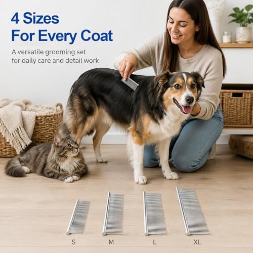 Dog Combs for Grooming, 4 Pack Stainless Steel Pet Comb Set with Rounded Teeth Tips, Removing Tangles & Knots, 4 Sizes of Steel Teeth Fit Most Pet Fur - 5