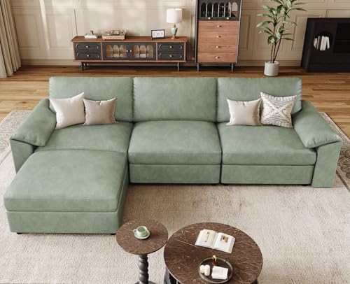 Image of EASE MOOSE Leather Sectional Couch, Oversized Modular Sectional Sofas, Vintage Wide Deep Seat Modular Couch, Scratch Resistant Faux Leather Material, L Shaped Sofa for Big Spaces,Green