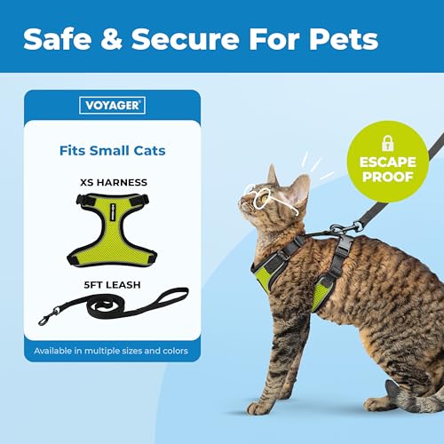 Image of Voyager Escape-Proof Step-in Lock Cat Harness & 5ft Neoprene-Handle Leash Set All-Weather Mesh with Reflective Stitching for Small to Large Cats by Best Pet Supplies, Black Trim-Lime (327), XXS