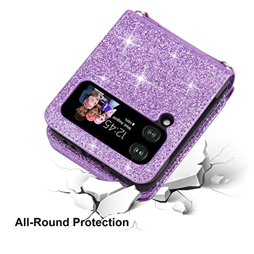 Ksridote Samsung Galaxy Z Flip 4 Case With Card Holder Strap Lanyard, Bling Samsung Z Flip 4 Case Wallet Glitter Galaxy Z Flip 4 Wallet Case Crossbody Phone Case Cover Purse For Women, Purple #TOP2