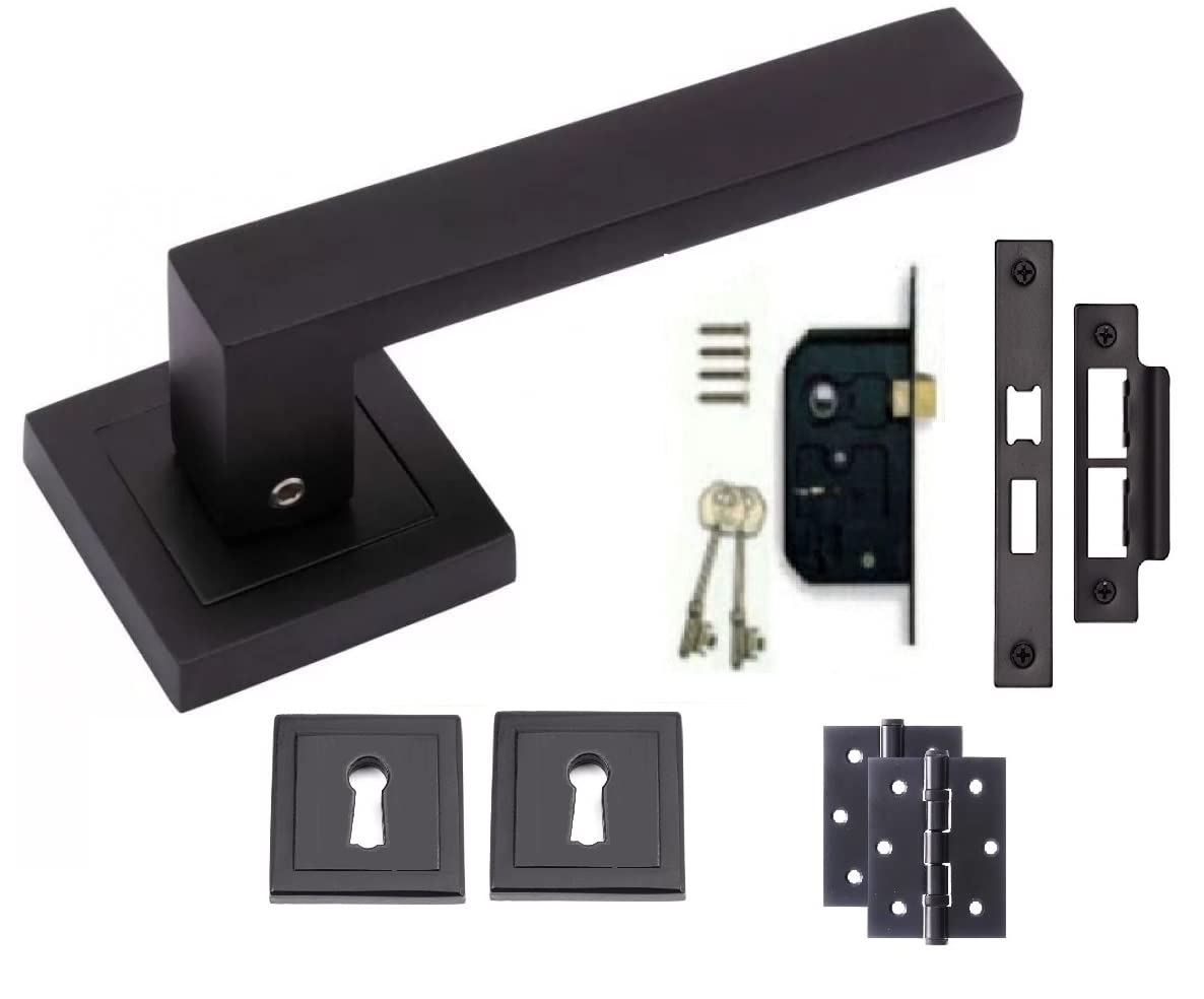 Golden Grace Matt Black Delta Lock Door Handles Set On Square Rose In Stunning Matte Black Finish Complete With 1 Pair Of Ball Bearing Hinges, Mortise Lock & Matching Keyhole Escutcheon
