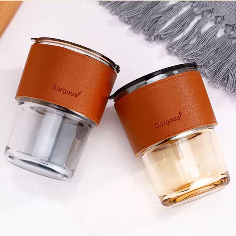 Image of ANKUL Beer Can Glass Tumbler with Straw and Lid Leather Band- 400ml- Pack of 1 - Mojito Sipper Mug with Lid for Kids Milk Cup with Straw (Lather Grey Tumbler, 1)