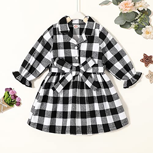 Happy Town Toddler Baby Girl Plaid Dress Fall Long Sleeve Belted Button Down Shirts Baby Girl's Clothing (Black&White, 2-3 T) #TOP1