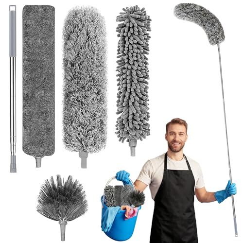 Plumeau TéLescopique Lavable, 5 PièCes, Microfibre avec Balais d'angle Flexibles, Nettoyeur De PoussièRe pour Interstices, Plumeau Anti-Toiles D'AraignéE,...