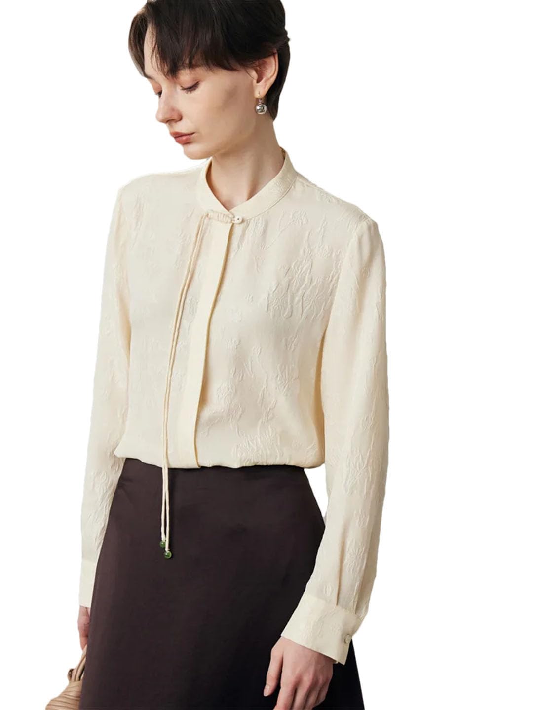 Blusas lisas para mujer, jacquard, 100 % seda, cuello alto, estilo vintage, elegante