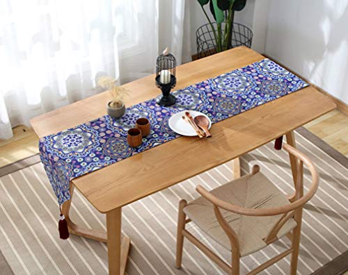 Chemin de table de Noël lavable coton bleu à pompon 200cm - 3