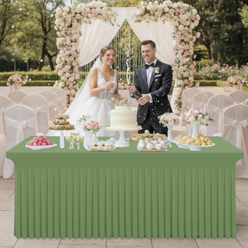 Image of Smiry 2 Pack Spandex Elastic Fitted Table Cloth Skirt for 4FT Table | Stretch Washable Table Cloth, Banquet Table Cover for Wedding, Party, Indoor & Trade Shows, (Sage Green, 48Lx30Wx30H)