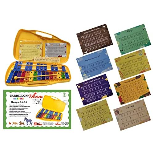 CARRILLON CROMATICO 25 NOTAS COLOREADAS UKAM mod.YCL-25K, laminas grabadas con los nombres de las notas. Incluye 2 baquetas y 12 canciones faciles,Estuche Reforzado amarillo.(Con Partituras)