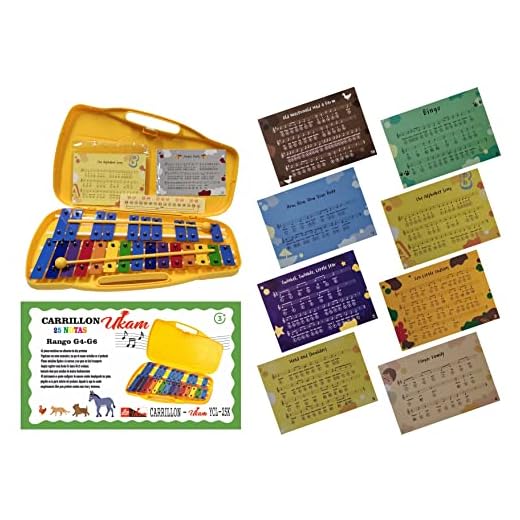 CARRILLON CROMATICO 25 NOTAS COLOREADAS UKAM mod.YCL-25K, laminas grabadas con los nombres de las notas. Incluye 2 baquetas y 12 canciones faciles,Estuche Reforzado amarillo.(Con Partituras)
