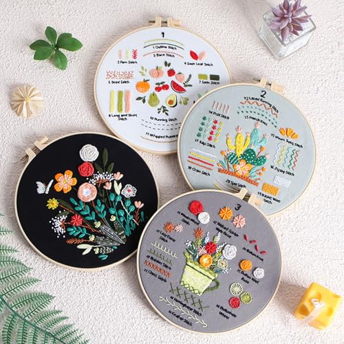 Image of Ohcol Embroidery Kit for Beginners, 4 Floral Patterns, Learn 33 Stitches, Pre-Printed Fabric, Hoop, Colored Threads and Needles, Easy Video Guide, DIY Hand Sewing Gift for Adults and Teens