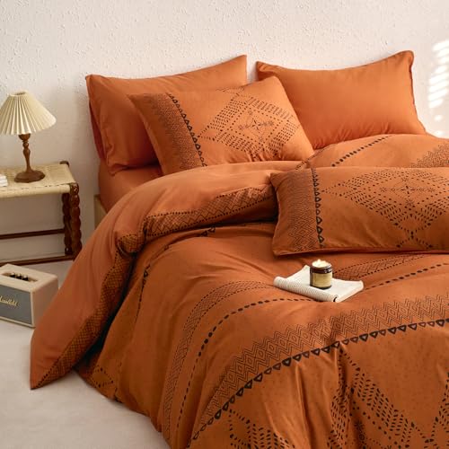 Image of Wake In Cloud - Boho Comforter Set, Farmhouse Bohemian Western Aztec Neutral Aesthetic, Soft Lightweight Bedding, 3 Pieces, Burnt Orange, Queen Size