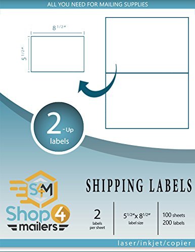 Shop4Mailers 2-Up White Permanent Self Adhesive Shipping Labels 5 ½” x 8 1/2” Easy Peel Stickers for Laser & Inkjet Printers - 100 Sheets - 200 Count Labels