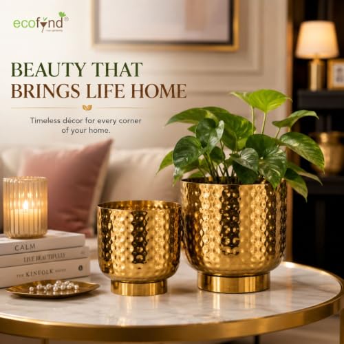 Image of ecofynd 2 Pack Metal Plant Pots (7 inch, 5.5 inch), Indoor Small Planter Flower Pots, Home Garden Decor Planter for Living Room Bedroom Interior (Gold Finish, POT054)
