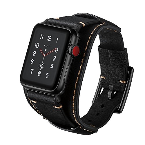 Leotop Compatible With Apple Watch Band 49Mm 45Mm 44Mm 42Mm Men Women Genuine Leather Compatible Iwatch Ultra Bracelet Wrist Strap Compatible Apple Watch Series 8/7/6/5/4/3/2/1 Se Se 2 (Cuff Black) #TOP1