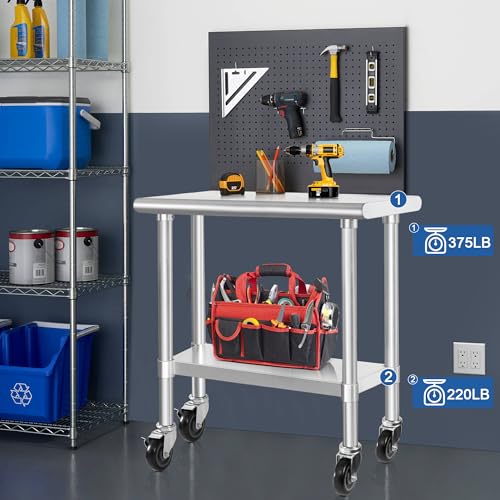 Image of HARDURA Stainless Steel Commercial Table Prep & Work Table with Casters Heavy Duty Metal Table with Wheels NSF 430 18x36 Inches