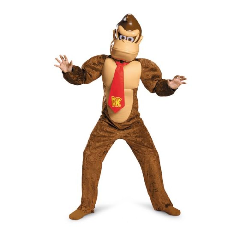Super Mario Bros. Donkey Kong fantazyjna sukienka dla dzieci, oficjalne Nintendo od Disguise, zawiera kombinezon z wyściełanym tułowiiem, kultowy czerwony krawat DK i maskę Donkey Kong, dla 10-12 lat