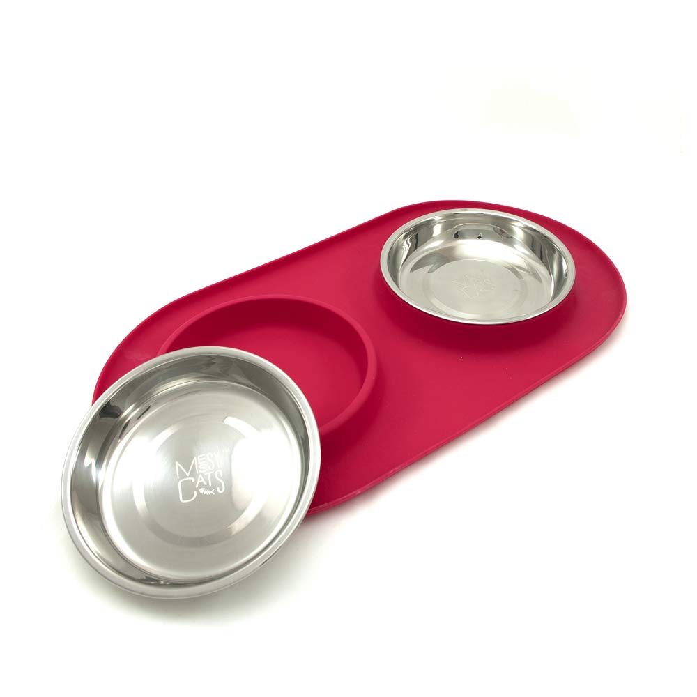 Messy Cats Comedero doble de silicona con cuenco en forma de platillo de acero inoxidable | Cuencos antideslizantes para comida para gatos | Dos cuencos para gatos en estación de alimentación/agua |