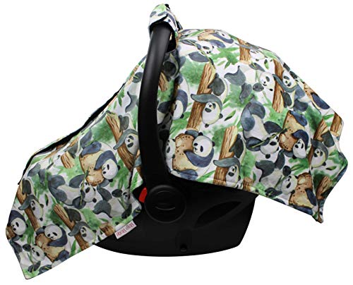 Image of Baby Car Seat Canopy Cover - Traveling Panda Bears on Tree with Black Minky Dot