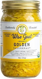 Wise Goat Organics Golden Raw Organic Probiotic Sauerkraut - Vegan Gluten-Free Fermented Gut Health 16oz Glass Jar
