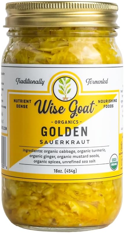Raw Organic Fermented Unpasteurized Sauerkraut, “Golden” Variety [Vegan, Gluten Free, Non-GMO, Probiotic] 16 oz Glass Jar by Wise Goat Organics