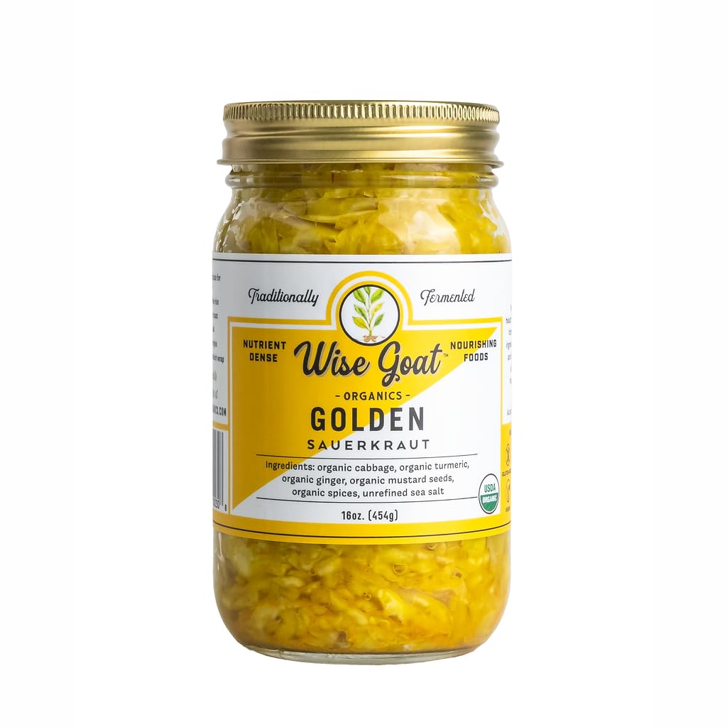 Raw Organic Fermented Probiotic Sauerkraut, "Golden" Variety [Vegan, Gluten Free, Non-GMO, Probiotic] 16oz Glass Jar by Wise Goat Organics