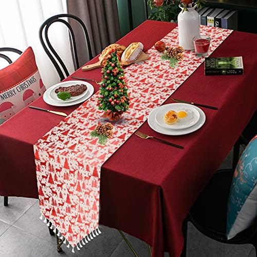 Christmas Table Runners,Xmas Table Decorations,Christmas Tree Snowflake Reindeer Pattern Linen Tablecloth,Printed Christmas Table Mats for Xmas Party Holiday Season,Home Decor 70*13 Inch/33*180 cm