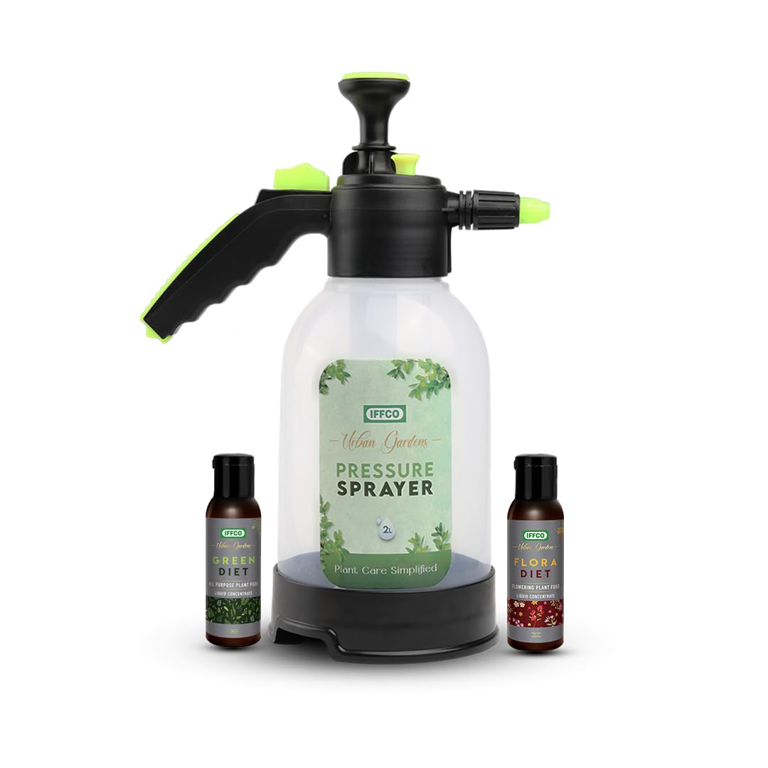 IFFCO Urban Gardens - Plant Care Combo Kit - Water Spray Pump with Sprinkler & Mister + Water Soluble Liquid Fertilizer for Flowering & Non-Flowering Plants - Suitable for Lawn & Gardening